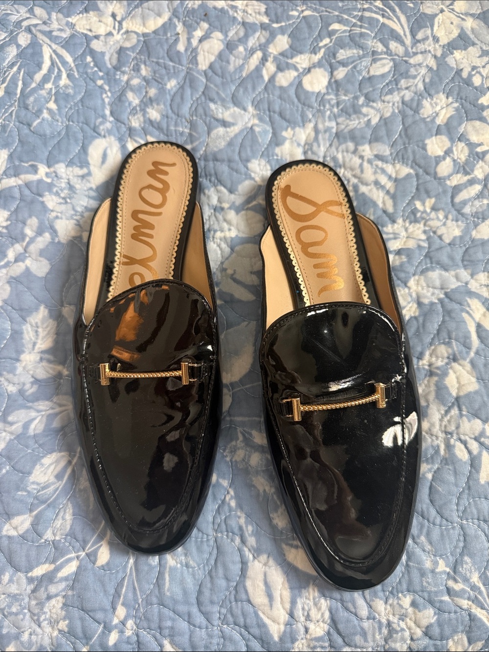 Sam Edelman Black Patent Leather Slip-Ons with Gold Accent